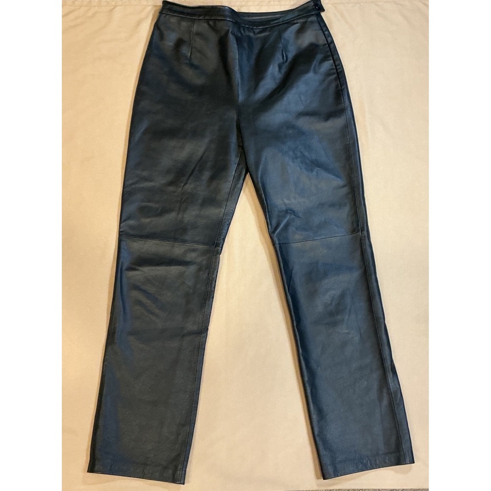 CLIO Black Leather Pants Straight Leg Sateen Lined Side Zip/Button Closure Sz 10